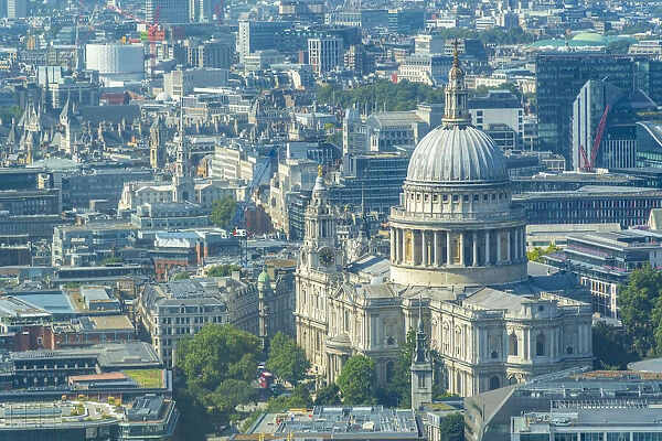 Aerial view of St. Pauls Cathedral and neighbouring buildings, London, England