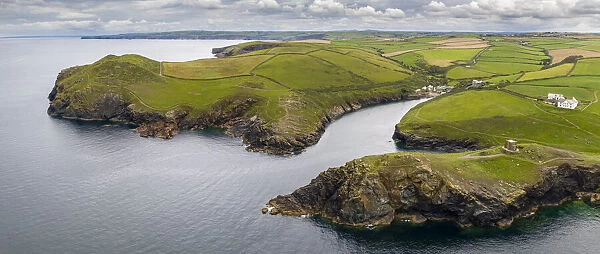Aerial vista of Port Quin on the North Cornish coast, Cornwall, England, United Kingdom