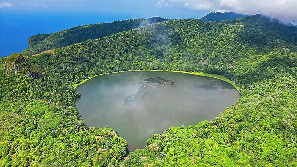 Aerial of the volcanic crater with Lake Mazafim, island of Annobon, Equatorial Guinea, Africa