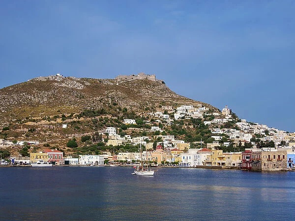 Agia Marina Waterfront and Medieval Castle of Pandeli, Leros Island, Dodecanese, Greek Islands, Greece, Europe