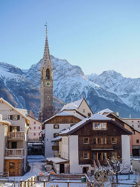 The Alpine village of Sent in winter, Graubunden, Switzerland, Europe