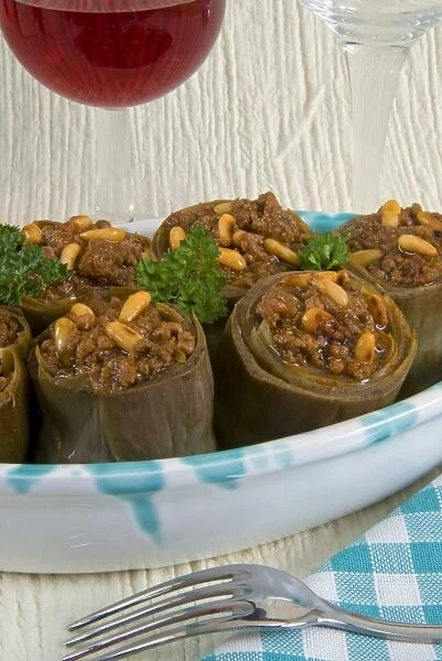 Artichokes stuffed with ground meat, spices, herbs and pine nuts, Arabic Cuisine, Lebanon, Middle East