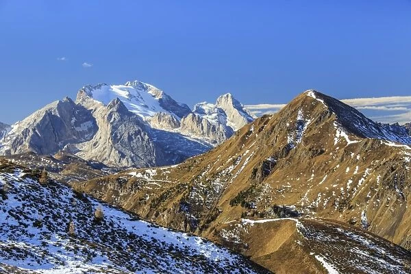 Autumnal view of the tops of Marmolada mountain range from Falzarego Pass, Dolomites of Belluno
