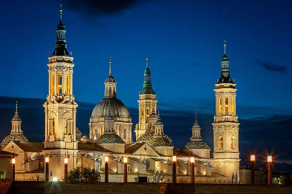 Basilica del Pilar Cathedral with tower details at night, Zaragoza, Aragon, Spain, Europe