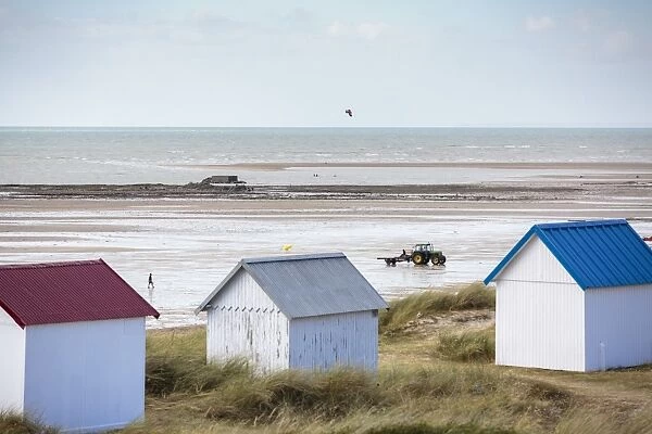 Beach huts and tractor for oyster breeding, Gouville-sur-Mer, Normandy, France, Europe