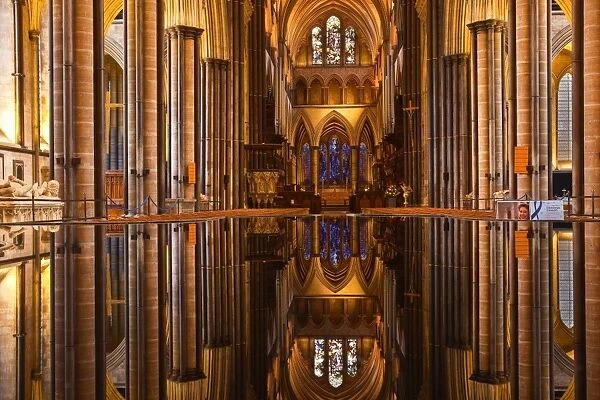 The beautiful nave and font of Salisbury cathedral, Wiltshire, England, United Kingdom, Europe