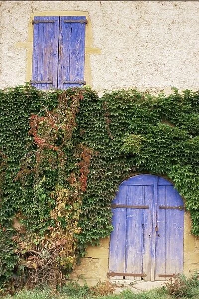 Blue shutters on a house, Rhone Alpes, France, Europe
