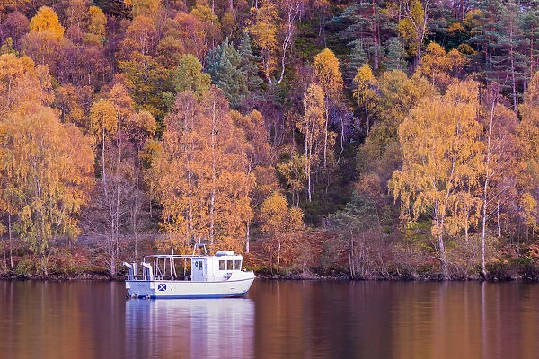 Boat moored at Loch Katrine, autumn colours, The Trossachs, Scotland, United Kingdom