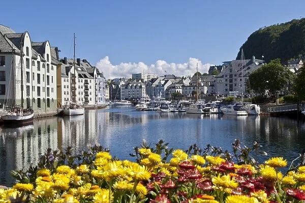 Boats and Art Nouveau buildings with waterside summer flowers, Alesund, More og Romsdal, Norway, Scandinavia, Europe