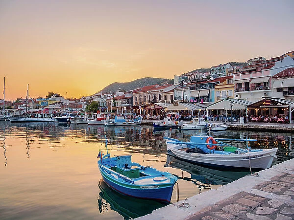 Boats at the Port of Pythagoreio, dusk, Samos Island, North Aegean, Greek Islands, Greece, Europe