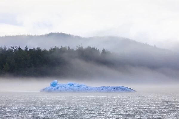 Bright blue iceberg from Mendenhall Glacier, surrounded by mist on Mendenhall Lake
