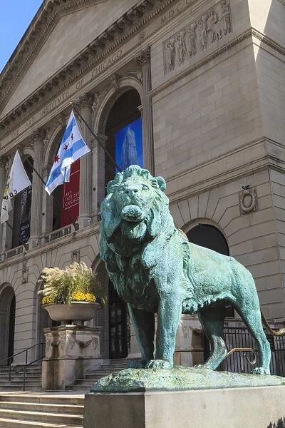 One of two bronze lion statues outside the Art Institute of Chicago, Chicago, Illinois, United States of America, North America