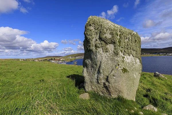 Busta Brae, Standing Stone, cloudscape and coastal views, beautiful day, Busta Voe