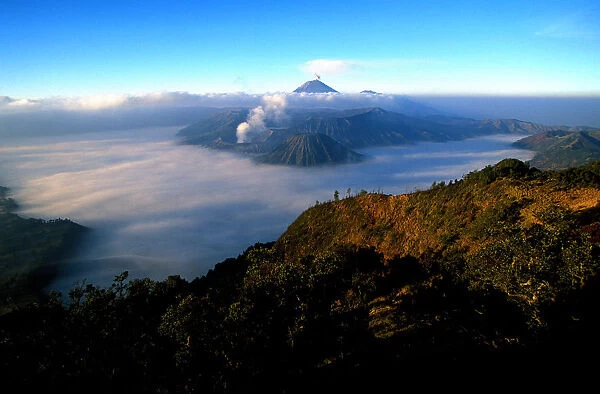 Caldeira and Bromo, 2329 m, and Semeru, 3676 m, two volcanoes on Java, Indonesia