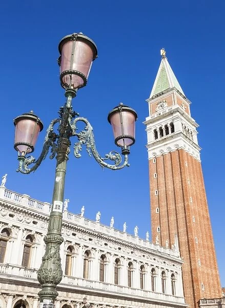 Campanile tower, traditional Venetian lamp post, Piazzetta, St. Marks Square, Venice