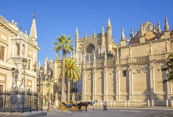 Carriage rides offered outside Seville Cathedral and the General Archive of the Indies