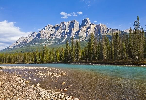 Castle Mountain behind the Bow river at Castle Junction, Bow Valley Parkway, Banff National Park, UNESCO World Heritage Site, Alberta, Canadian Rockies, Canada, North America