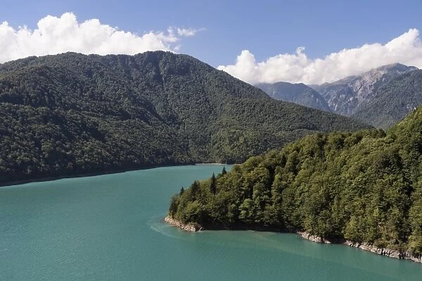 Caucasus Mountains and Jari water reservoir, Svaneti region, Georgia, Caucasus, Asia