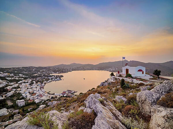 Church of Prophet Elias above the town of Agia Marina at sunset, Leros Island, Dodecanese, Greek Islands, Greece, Europe