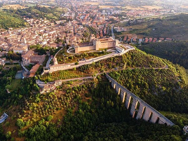 Whole cityscape of Spoleto, with the Roman aqueduct, the fortress and the old town