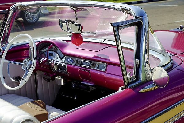 Close view of drivers seat of classic vintage convertable car, Havana, Cuba