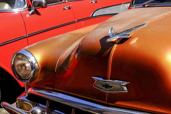 Close view of hood and hood ornament on a vintage car, Havana, Cuba, West Indies