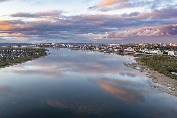 Cloud reflections on the Tom River, Tomsk, Tomsk Oblast, Russia, Eurasia