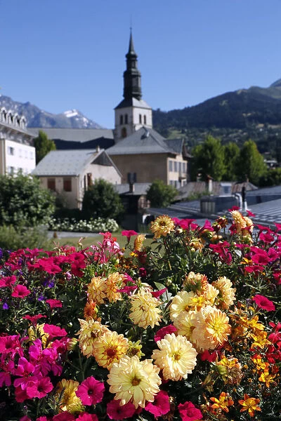 Colourful flowers in the village of Saint Gervais les Bains in the French Alps