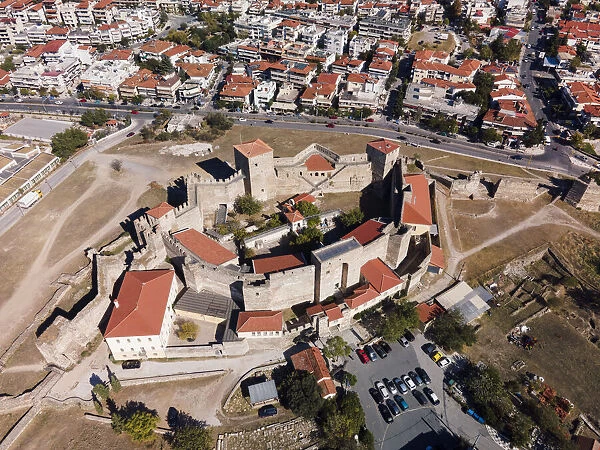 Drone view of Heptapyrgion Byzantine fortress with towers and bastions, Thessaloniki, Greece, Europe