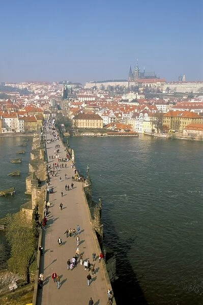 Elevated view over Charles Bridge, Vltava River and Mala Strana, Prague