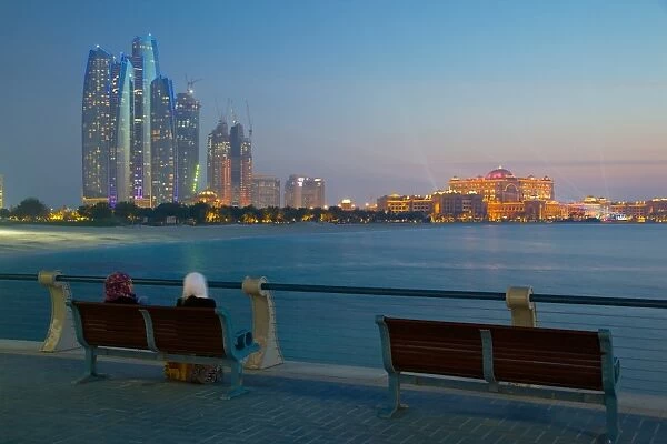 Emirate Towers and Emirates Palace at night, Abu Dhabi, United Arab Emirates, Middle East