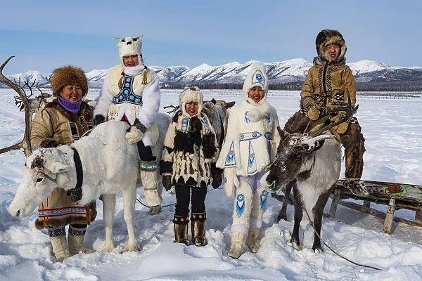 Evenk reindeer breeder family, Oymyakon, Sakha Republic (Yakutia), Russia, Eurasia