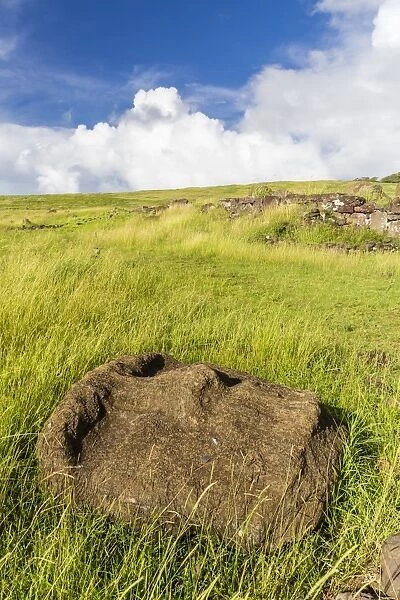Fallen moai head at the archaeological site at Ahu Vinapu, Rapa Nui National Park, UNESCO World Heritage Site, Easter Island (Isla de Pascua), Chile, South America