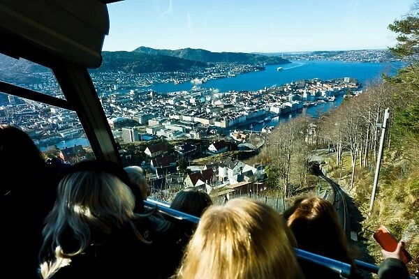 Floibanen funicular railway with view of Bergen from Mount Floyen, Bergen, Hordaland