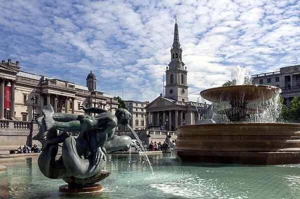 Fountains and St. Martins Church, Trafalgar Square, London, England, United Kingdom