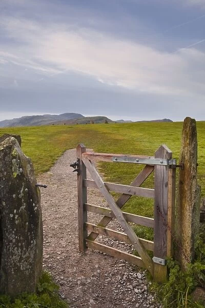 The gate that leads to Castlerigg stone circle in the Lake District National Park, Cumbria, England, United Kingdom, Europe
