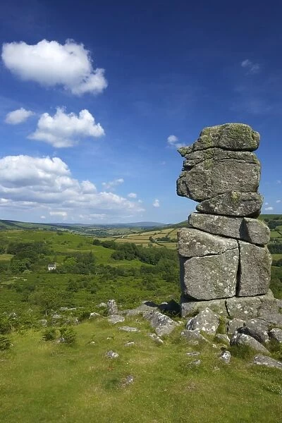 Granite rocks of Bowermans Nose in summer sunshine, Dartmoor National Park