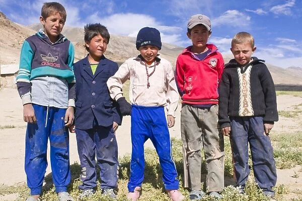 Group of boys posing for the camera, Shokh Dara Valley, Tajikistan, Central Asia, Asia