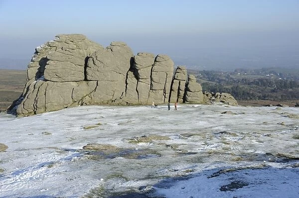 Haytor rocks with snow and ice, in the area where the film War Horse was filmed, Dartmoor National Park, Devon, England, United Kingdom, Europe