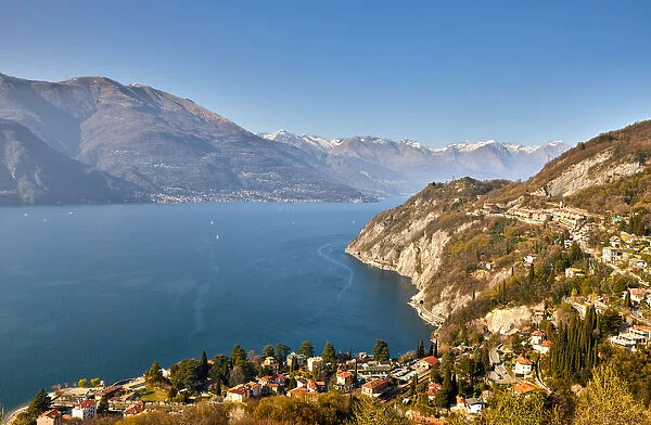 High angle view of Lake Como from Castle Vezio with Varenna and Gittana, Lombardy