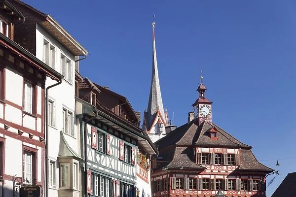 Historic townhouses and town hall in the market place, Stein am Rhein, Canton Schaffhausen, Switzerland, Europe