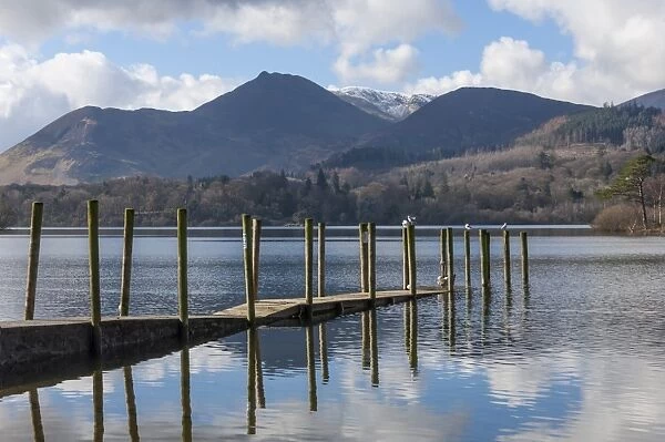 Lake Derwentwater, Barrow and Causey Pike, from the boat landings at Keswick, North Lakeland, Lake District National Park, Keswick, Cumbria, England, United Kingdom, Europe