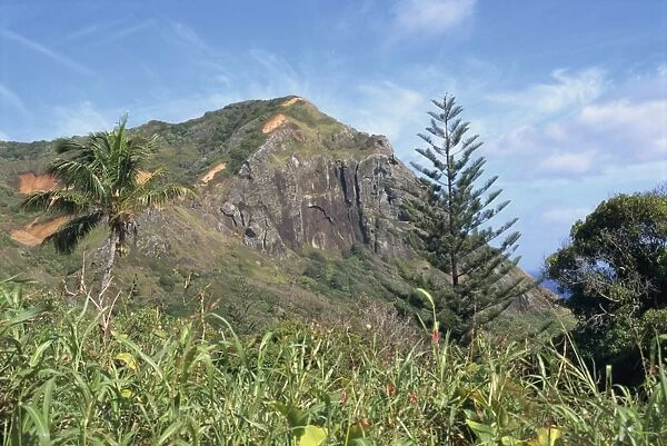 Landscape of rocky hills and vegetation on Pitcairn Island