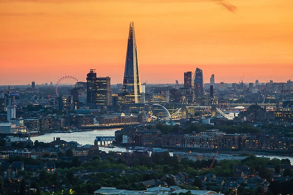 London skyline including The Shard, Tower Bridge, River Thames and London Eye, London, England, United Kingdom, Europe