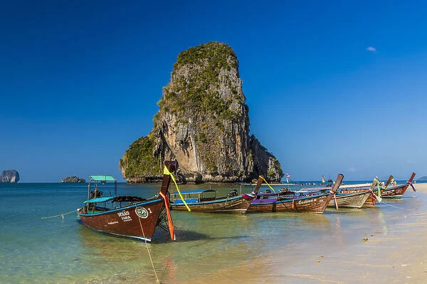 Long tail boats on Phra Nang Cave Beach on Railay in Ao Nang, Krabi Province, Thailand