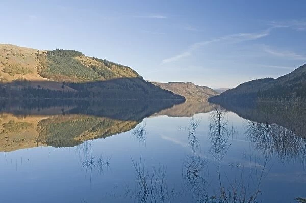 Looking north in the early morning over Lake Thirlmere, a dam at the north end enlarged the lake which supplies water to Manchester, Lake District National Park, Cumbria, England, United