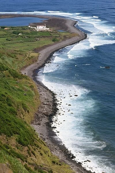 Low aerial of the coastline at Faja dos Tijulos on