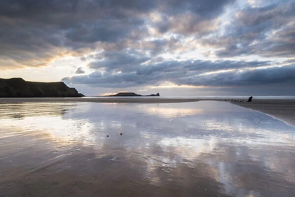 Low tide, sunset, Rhossilli Bay, Gower, South Wales, United Kingdom, Europe