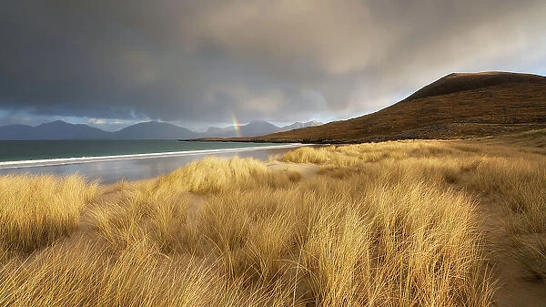 Luskentyre Beach with a rainbow in the background, Isle of Harris, Outer Hebrides, Scotland, United Kingdom, Europe
