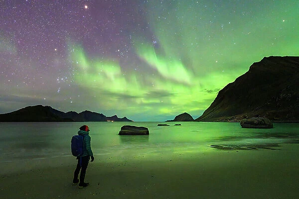 Man with backpack admiring the bright green lights of Aurora Borealis (Northern Lights) from Haukland beach, Lofoten Islands, Nordland, Norway, Scandinavia, Europe